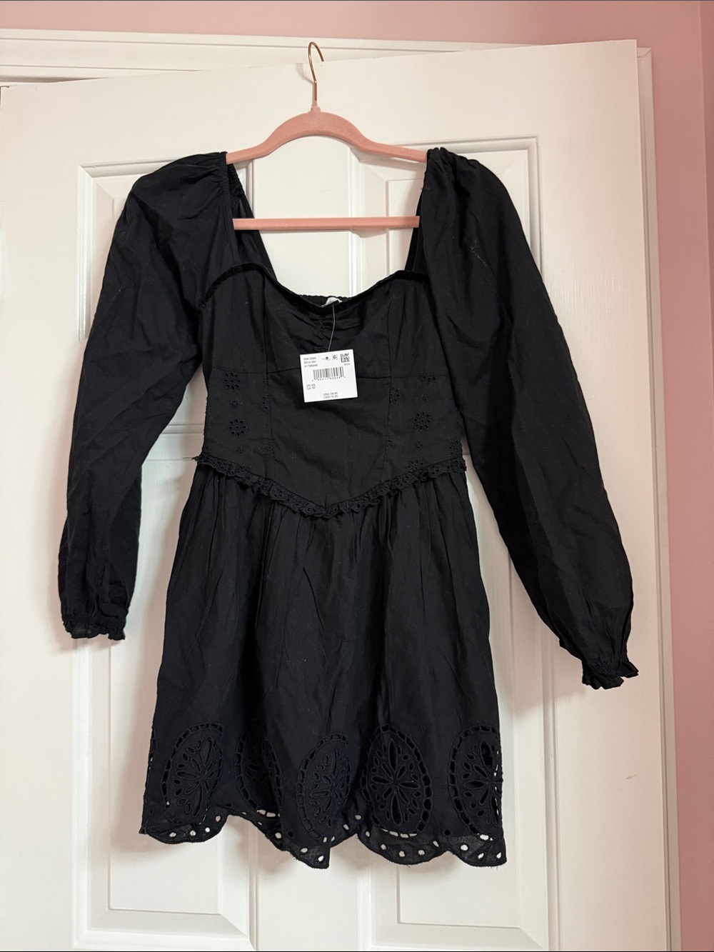 American Eagle Outfitters Black Eyelet Long-Sleeve Dress